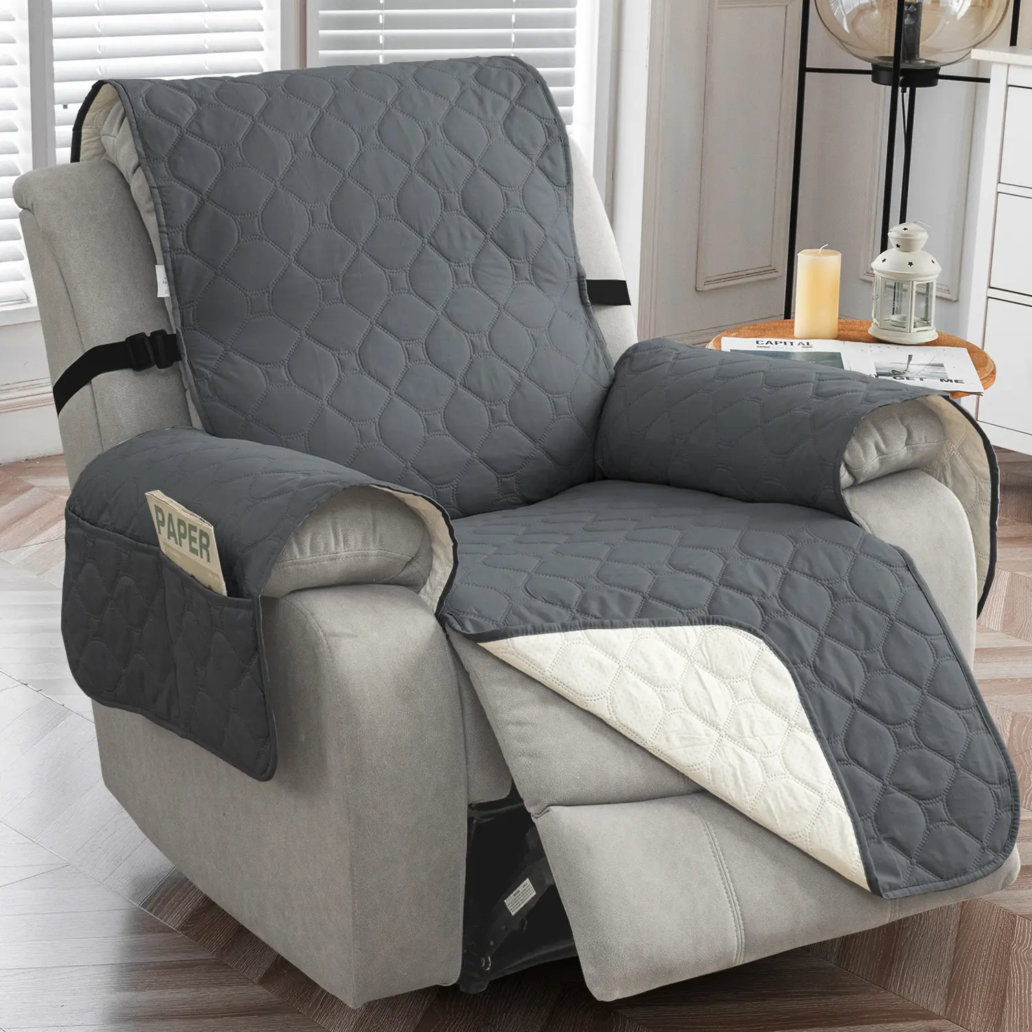 1-Seat Sofa Cover, Waterproof Stretch Recliner Slipcover with Pockets, Non-Slip Machine Washable Fabric Armchair Protector for Pets & Living Room