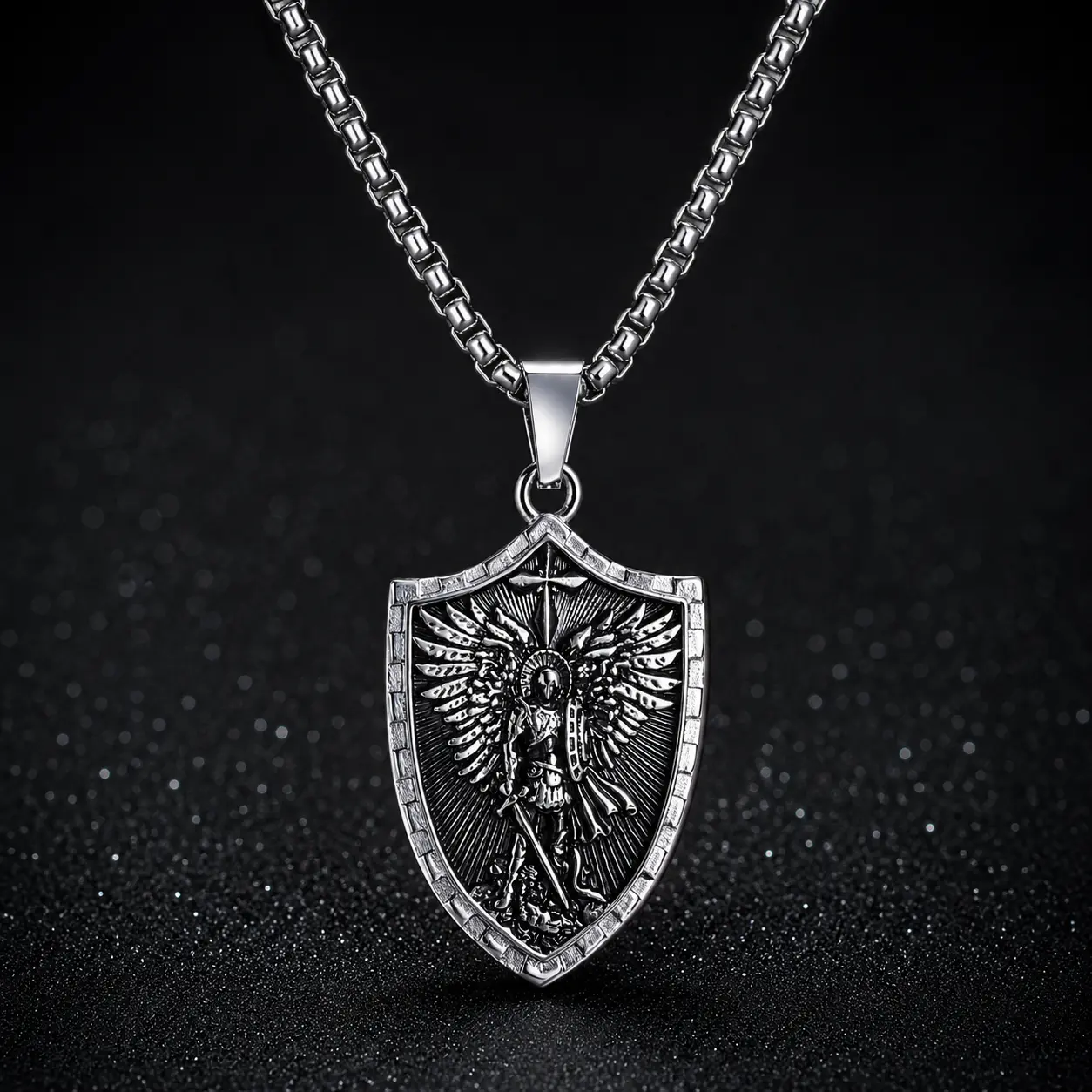 Stainless Steel Saint Michael Necklace St Michael the Archangel Shield Pendant Amulet for Men Women