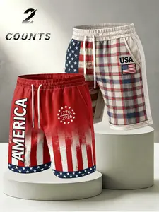 Men's American Flag & Plaid Print 2-Pack Digital Print Shorts, Casual Drawstring Summer Shorts, Patriotic Streetwear #USAFlagShorts #AmericanStyleShorts #2PackShorts #PatrioticWear #TikTokMadeMeBuyIt
