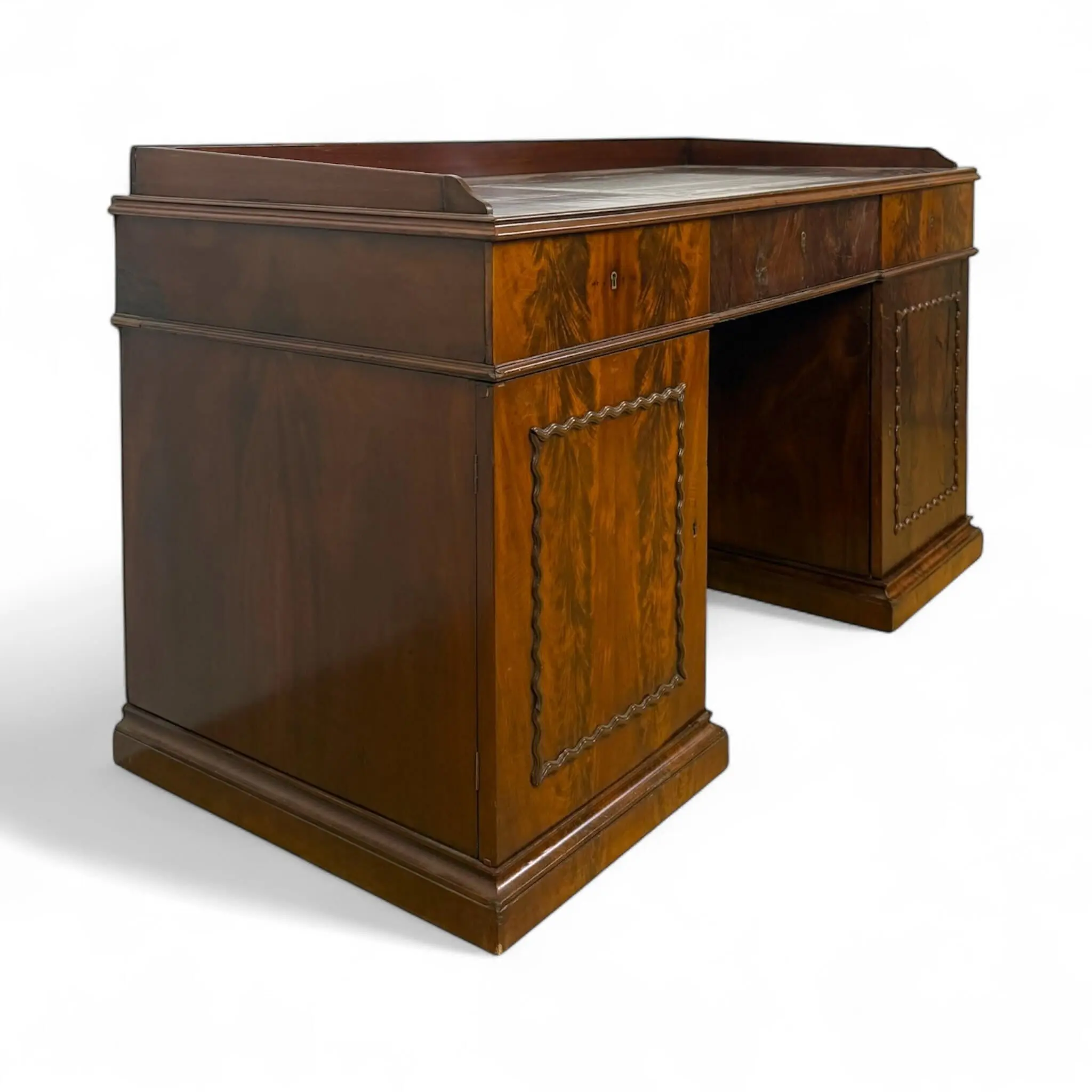 English Flame Mahogany Pedestal Desk English Flame Mahogany Pedestal Desk