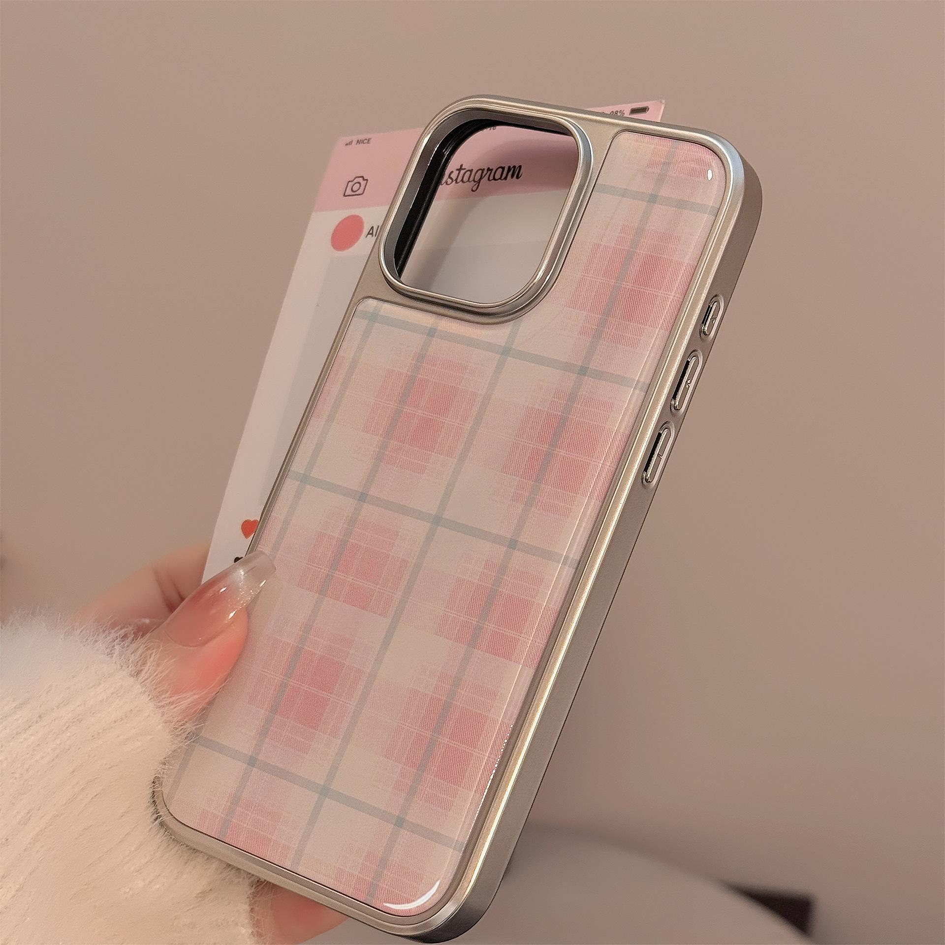 Pink Plaid Phone Case — Compatible with iPhone 16, 15 Pro Max, and 14 Models; Resin-Coated, Sweet Style, Electroplated Finish