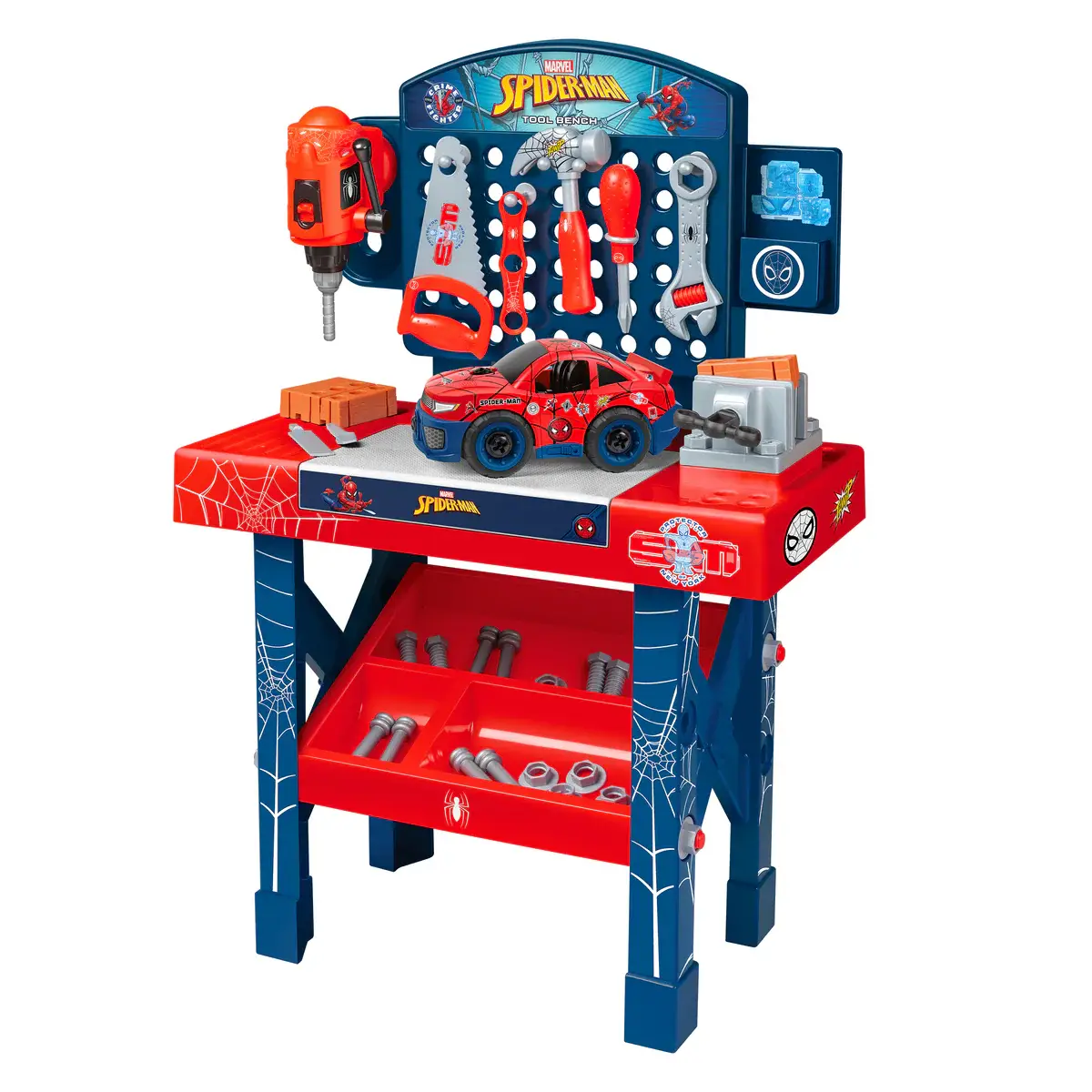 Marvel SpiderMan Tool Bench Playset, Team Nascar Pit Stop Playset with Take Apart Car 84 Pieces - Pretend Play Toy