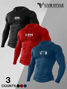 Men's 3-Pack "GYM" Compression Hooded Tops - Long Sleeve Athletic Shirts - Quick-Dry Slim-Fit Workout Hoodies for Fitness & Training Stretchable Activewear Sports Clothing