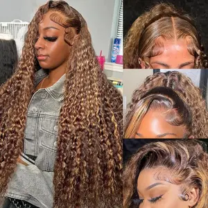 180% Density 13x6 Highlight Ombre Full Lace Frontal Wigs Human Hair 12A Deep Wave Brazilian Human Hair Pre Plucked 4/27 Honey Blonde HD Glueless Transparent Lace 26 Inch summerwins