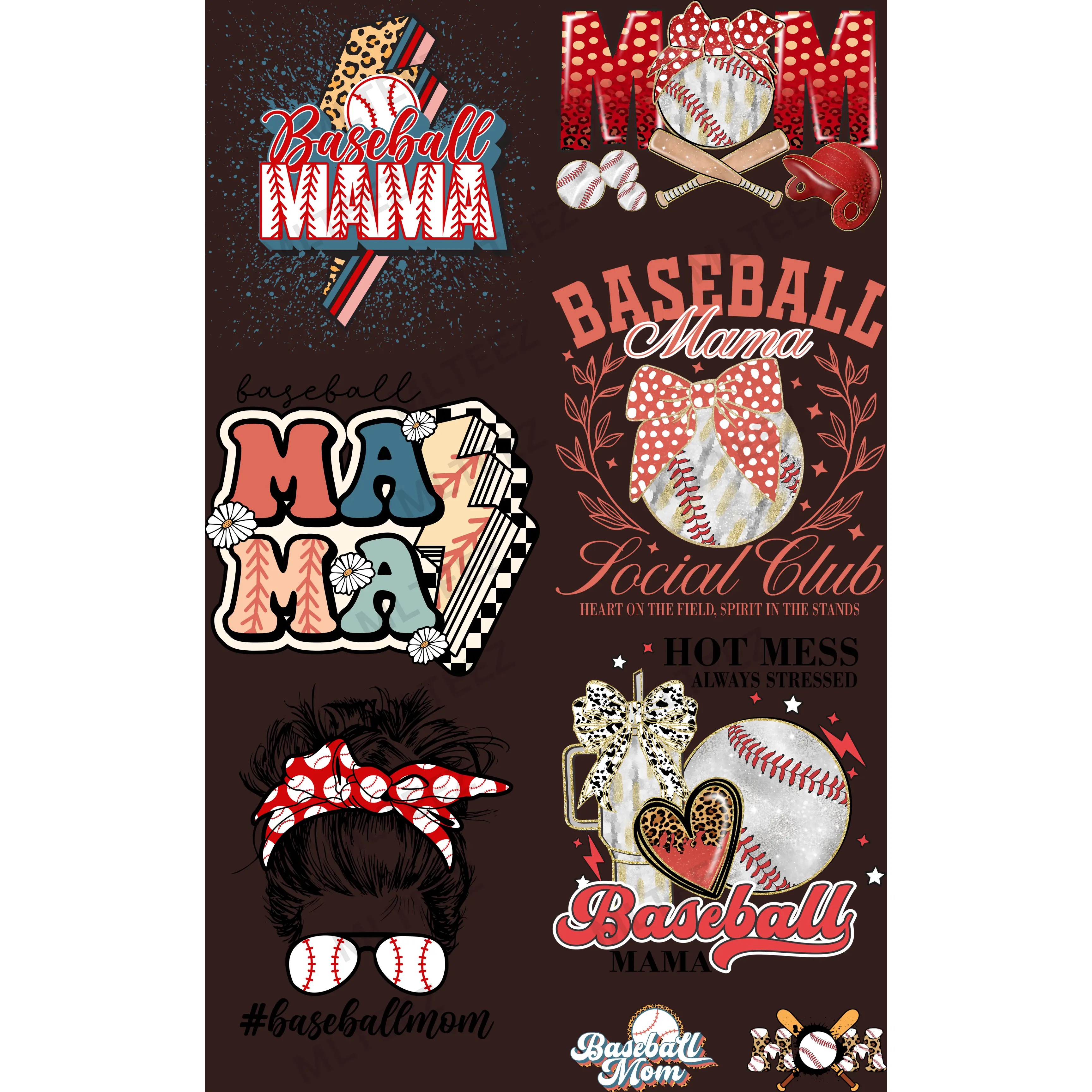BASEBALL MAMA (3) PREMADE GANGSHEET - 22X36 DTF TRANSFERS - DIRECT TO FILM