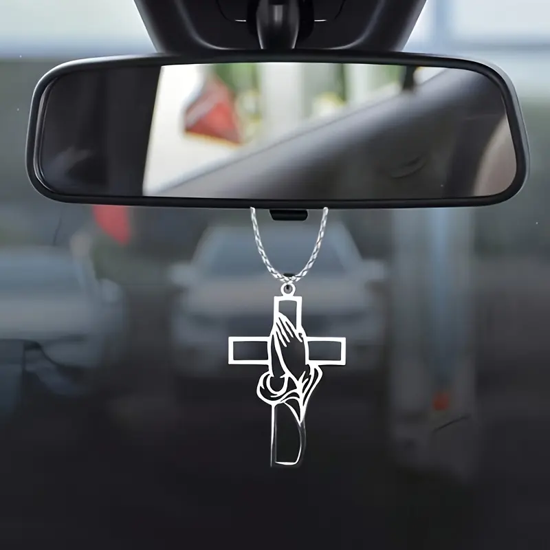 Stainless Steel Cross Car Hanging Ornament, Car Trinkets, Car Ornaments, Titanium Steel Religious Prayer Accessory, Rearview Mirror Decoration for Believers, Car Accessories