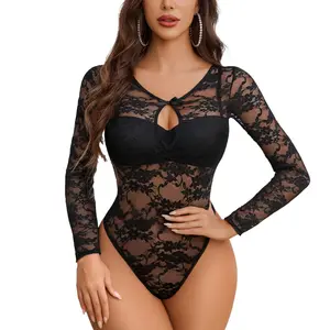 Avidlove Long Sleeve Body Suits Womens See Through Lace Bodysuit Top Mesh Sheer Leotard Snap Crotch