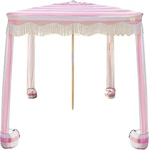 AMMSUN Beach Cabana with Fringe, 6.5' x 6.5' Boho Beach Canopy with Tassels, Easy Set up & Premium Wood Pole, Cabana Tent with Sand Pockets, Instant Sun Shade for Sand, Garden, Pink Rose Stripes