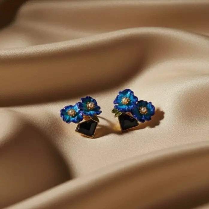 Blue Enamel Flower Earrings for Women