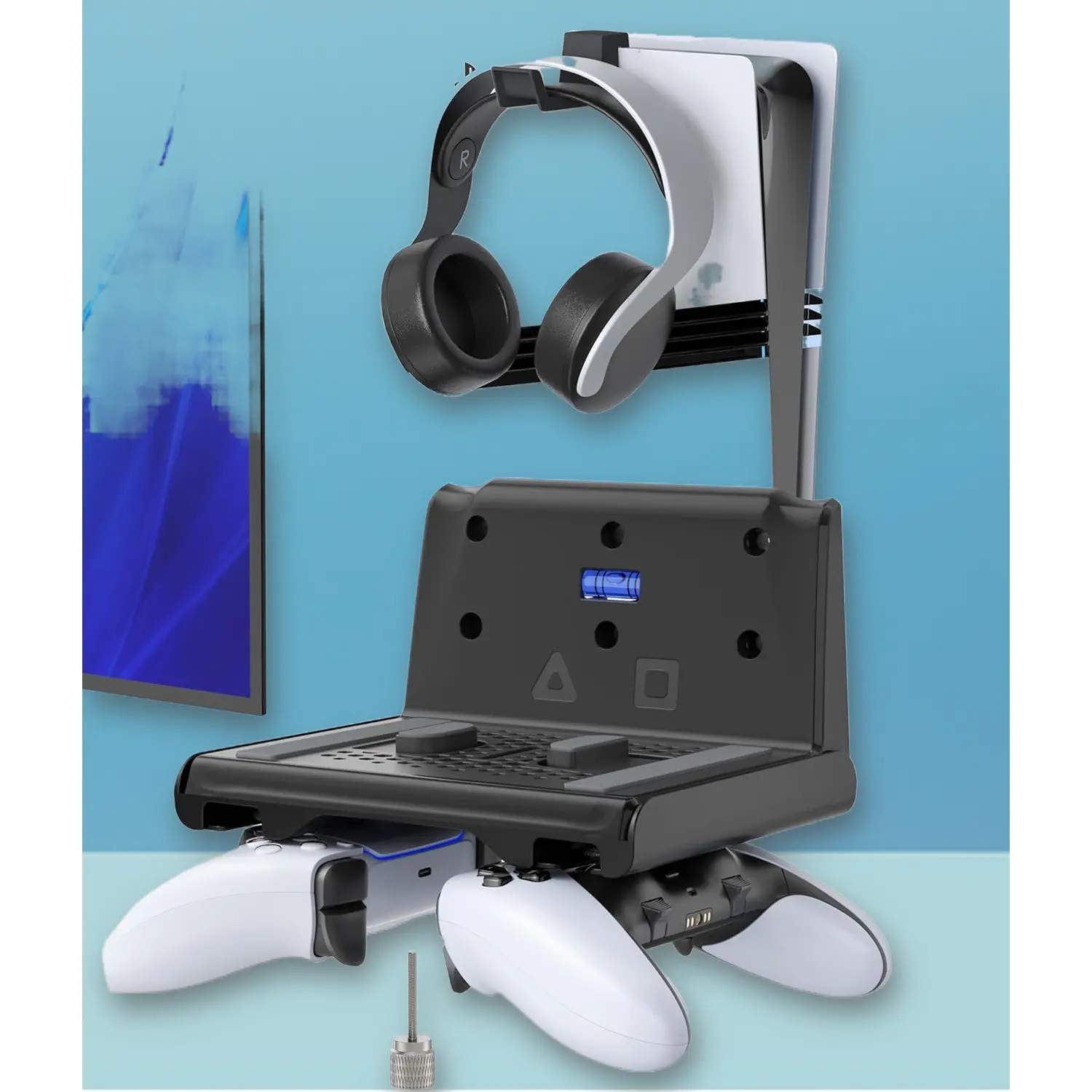 PS5 Wall Mount Bracket - Gaming Console Accessory with Controller Stand, Headphone Hook, Floating Shelf for PS5 Slim, Pro, Disc & Digital Consoles