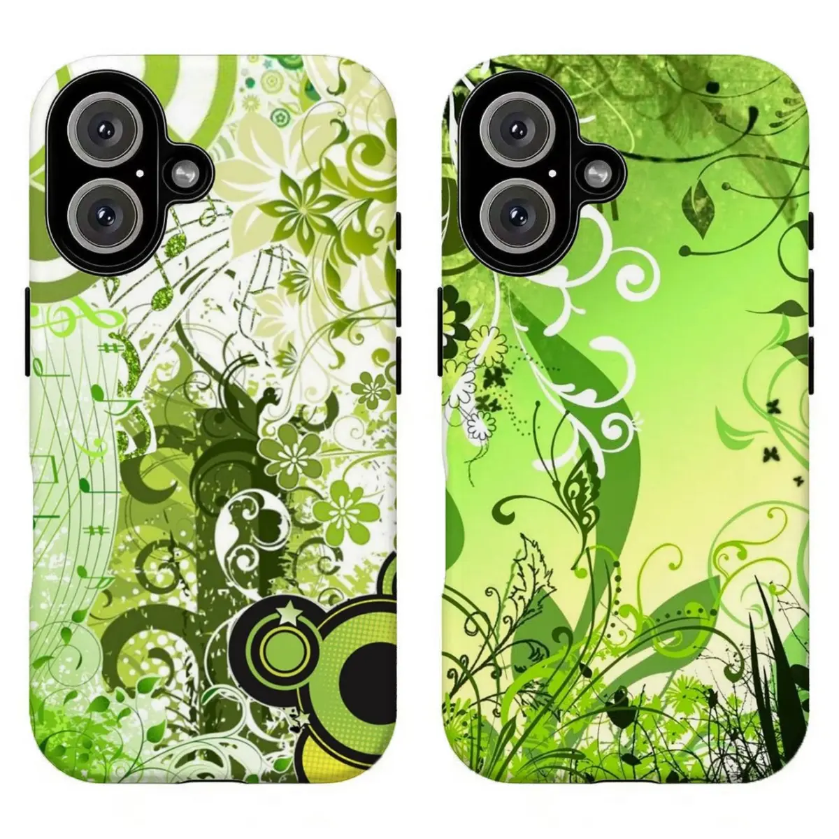 FL-Y2K Lime Green Floral Music Phone Case,Retro Green Swirls & Butterflies Phone Case,Swirly Abstract Nature & Notes Protective Cover For iPhone 11 12 13 14 15 16 17 Air Pro Max for Samsung S26 S25 S24 S23 S22 S21 Case,Gift for her/him