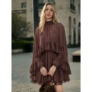 Semi-sheer. chiffon ruffle dress with a fashionable inner camisole two-piece set