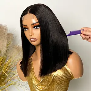Short Bob Wigs Raw Vietnamese Hair 2x6 Lace Closure Wig Deep Part Realistic Lace 200% Density Human Hair Wigs Super Double Drawn Glueless Wig  Natural Black Color