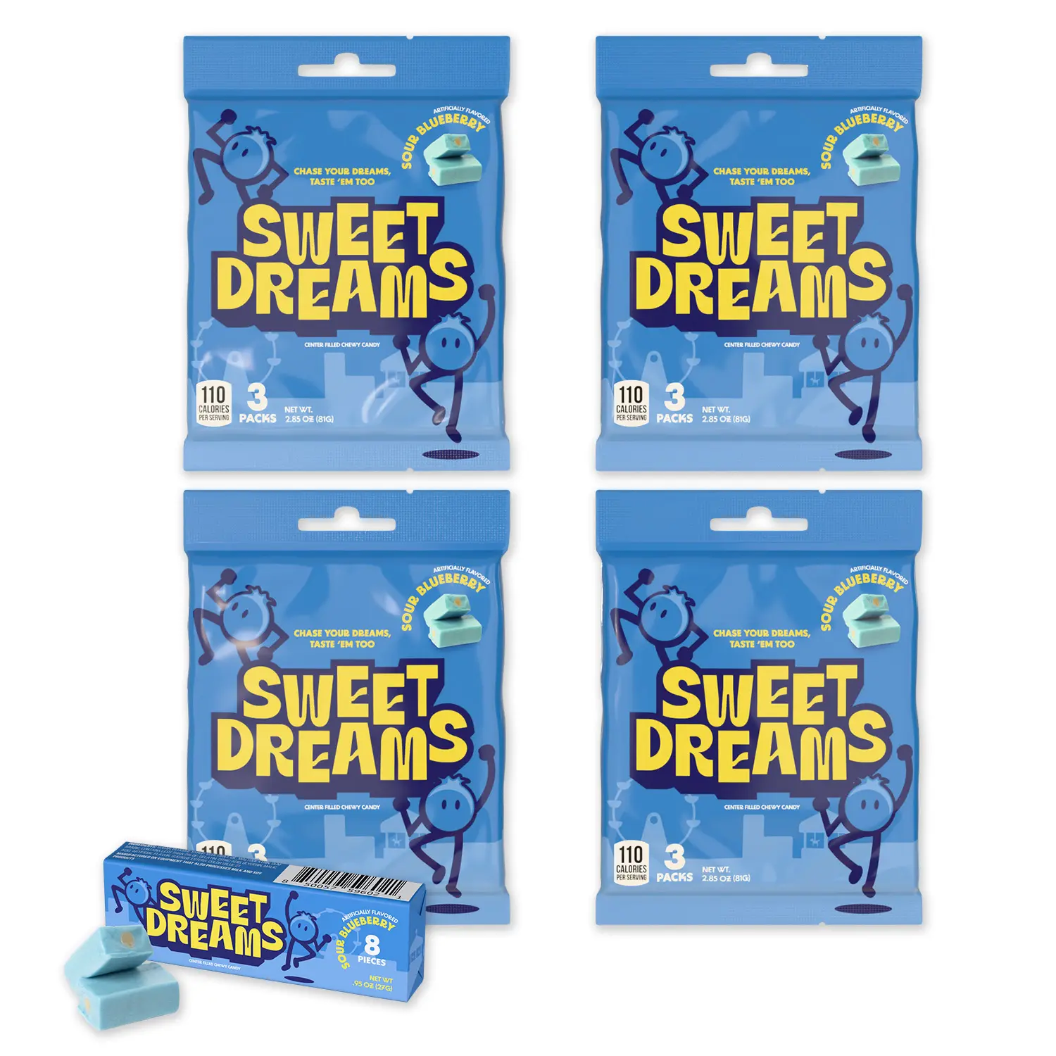 Sweet Dreams Center Filled Soft Chewy Candy Individually Wrapped, Gluten-Free Candies, Bulk Fruit Chews - Blueberry Flavor, 3 Sticks Per Bag, 8 Pieces Per Stick