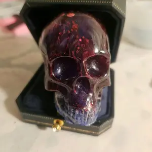 Epoxy Resin Skull Paperweight or Table Top Decor with Glitter Accents and Rich Purple Hue for Unique Home Decor