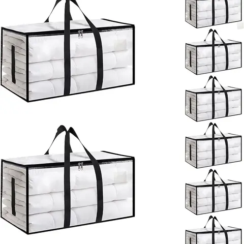 8 Pack Extra Large Heavy-Duty Waterproof Plastic Moving & Bagged Storage Bags with Reinforced Handles, Heavy-Duty Zippers, Clear Lids - Organization Totes for Clothes Packing, Dorms - Storage Solution
