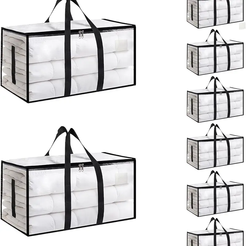 8 Pack Extra Large Heavy-Duty Waterproof Plastic Moving & Bagged Storage Bags with Reinforced Handles, Heavy-Duty Zippers, Clear Lids - Organization Totes for Clothes Packing, Dorms - Storage Solution
