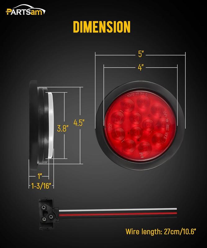 Partsam 4 Inch Round Led Rear Tail Lights Brake Brake Trailer Lights with Rubber Grommets for Trailers RVs Trucks, 8pcs/Set