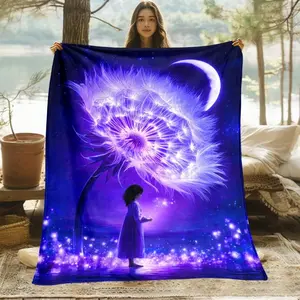 1pc Figure And Glowing Dandelion Printed Blanket. Soft And Warm Flannel Blankets Travel, Camping, Sofa, Livingroom, Couch, Chair, Bed. Family Or Friends 280GSM 3 Sizes Available (30x40in/50x60in/60x80in), Birthday Mother's Day Size