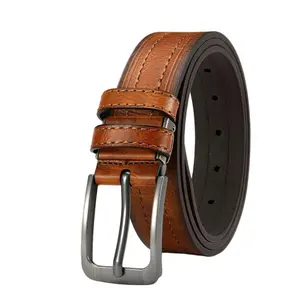 Men's leather belt with classic rectangular buckle vertical ribbed texture double-ringed tail durable versatile formal perfect for work everyday outings special occasions ideal gift