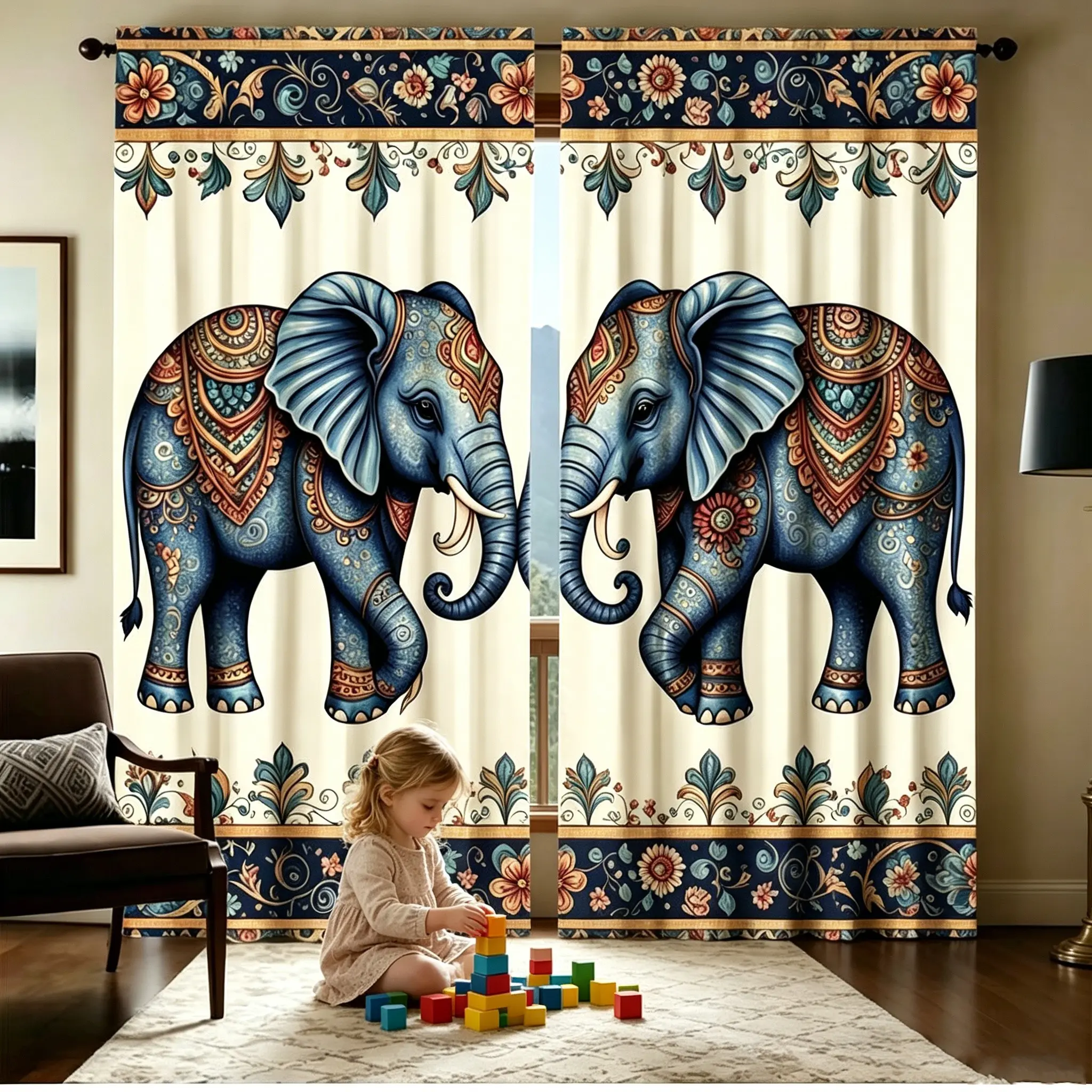 Elegant Elephant Print Half-Blackout Curtains Set, Blue Majestic Elephants with Floral Pattern, 100% Polyester Fiber