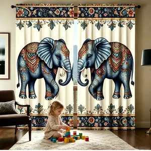 Elegant Elephant Print Half-Blackout Curtains Set, Blue Majestic Elephants with Floral Pattern, 100% Polyester Fiber