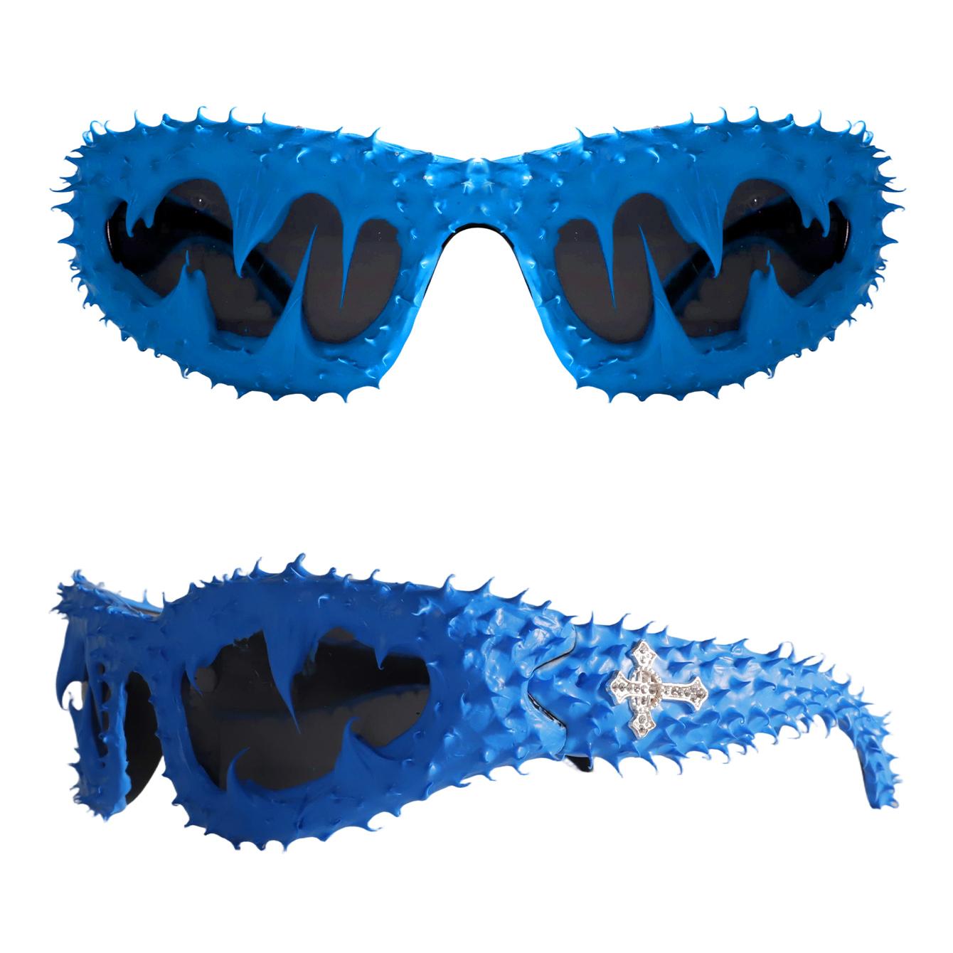 Edgy Spiked Wraparound Sunglasses - Brutalist Textured Frame with Bling Cross Embellishments, UV400 Shades Perfect for Cyberpunk Alt Girl Aesthetic and Festival Statement Looks