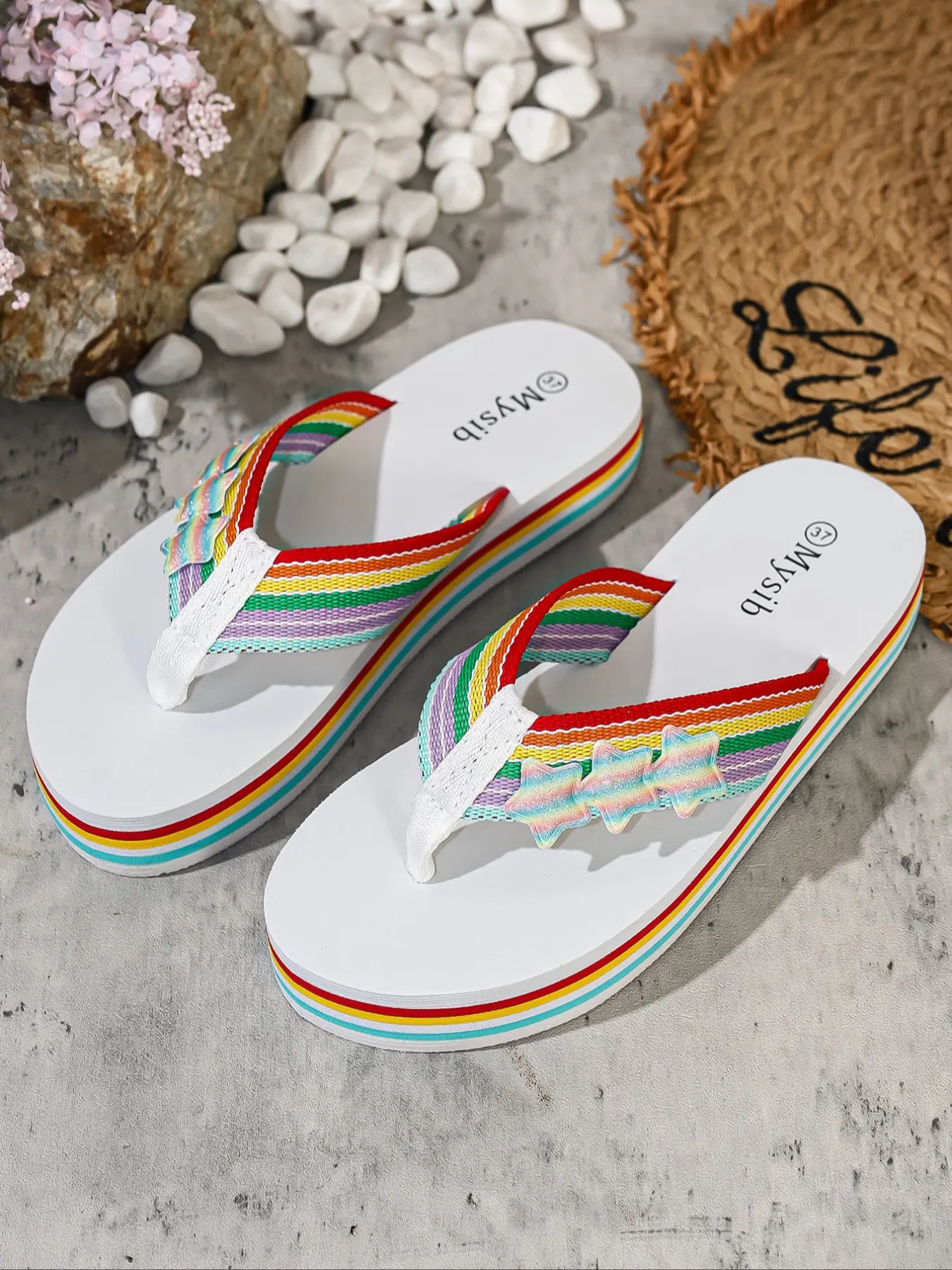 Women's Rainbow Stripe Platform Flip Flops Casual Summer Beach Thong Sandals