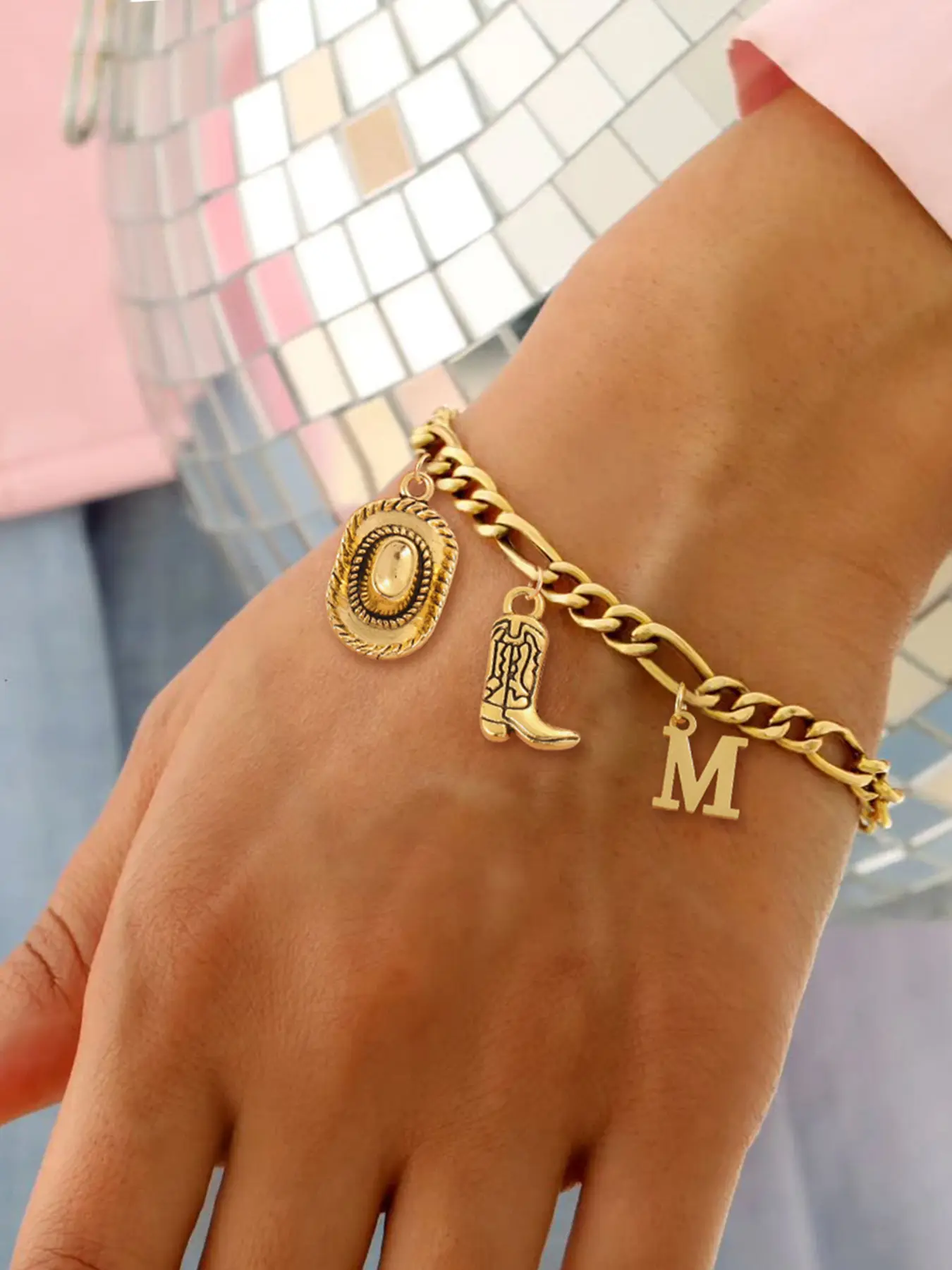 1Pcs Initial Western Cowboy Hat Boot Pendant Bracelet Women Classic Fashion Golden Stainless Steel Figaro Chain Bracelets For Women