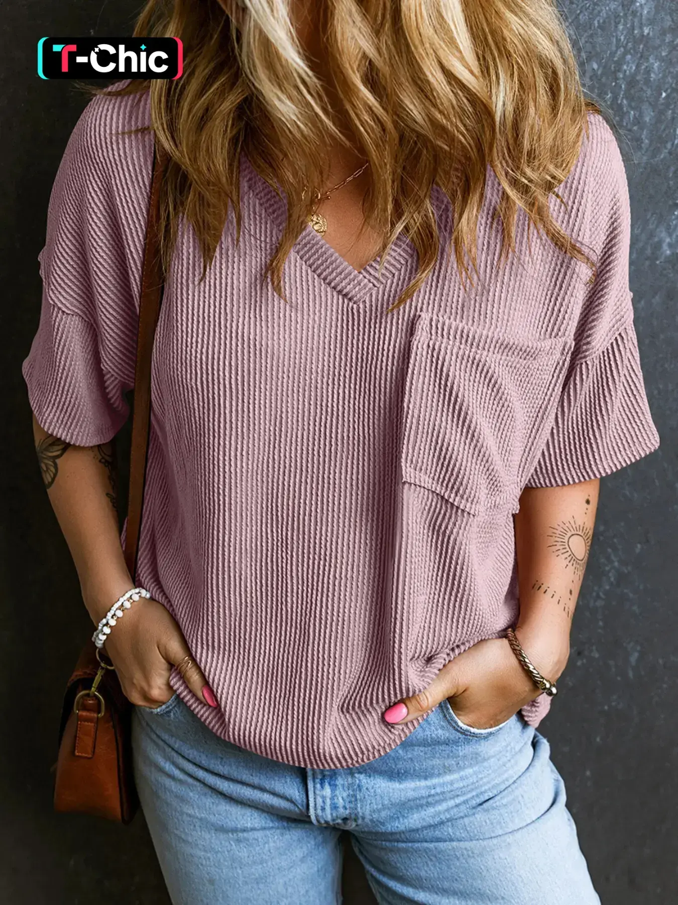 Women's Plain Textured Pocket V-Neck Tee, Casual Drop-Shoulder Half-Sleeve T-Shirt for Summer, Ladies Clothes for Daily Wear, Casual Fashionable Top, Cute Tops, Casual Chic Minimalist