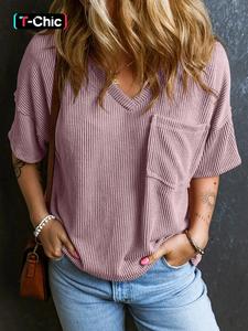 women's plain textured pocket v neck tee, casual drop shoulder half sleeve t-shirt for summer, ladies clothes for daily wear, cute tops, cute tops, tshirt, womenswear