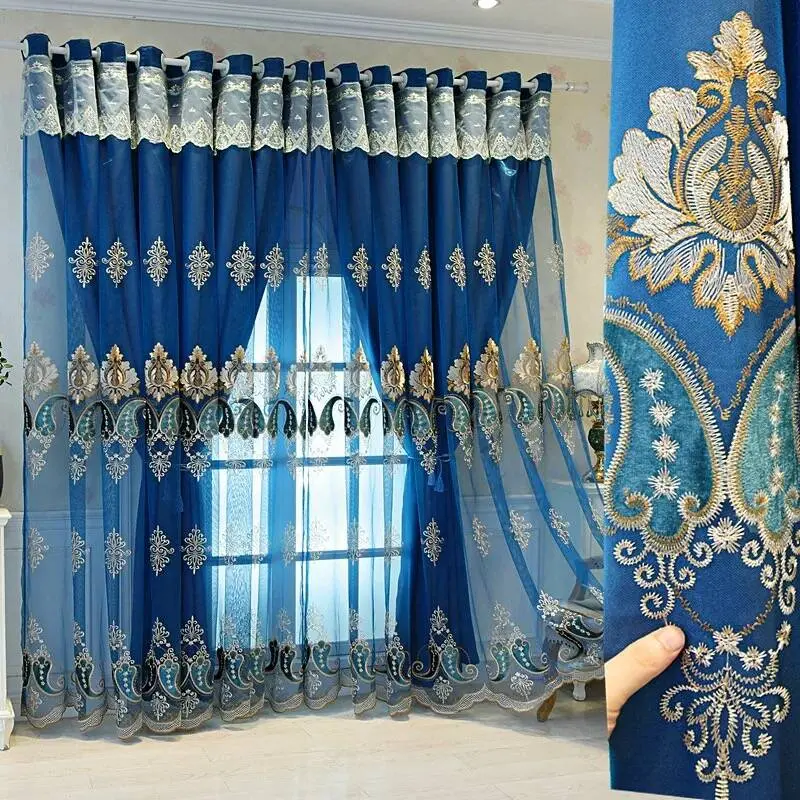 1pc European Style Double Layer Curtain Set with Embroidered Drapes, Window Drapes, Luxury Light Blocking Curtains for Living Room Bedroom, Home Decorative Curtain, Home Decor
