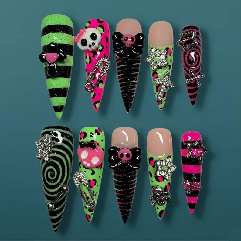 Neon Punk Scene-Core Press-On Nails – 3D Black Skulls & Ribbons, Hot Pink Leopard Print And Lime Green Stripes, Y2K Emo Gothic Motif Set