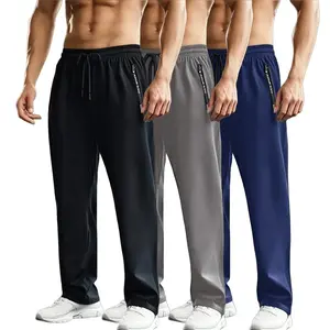 3-pack ice silk sports pants with a drawstring elastic waistband and zippered pockets; lightweight, highly stretchy, quick-drying fitness pants made from skin-friendly, smooth, soft fabric—breathable sportswear suitable for indoor workouts and summer outd