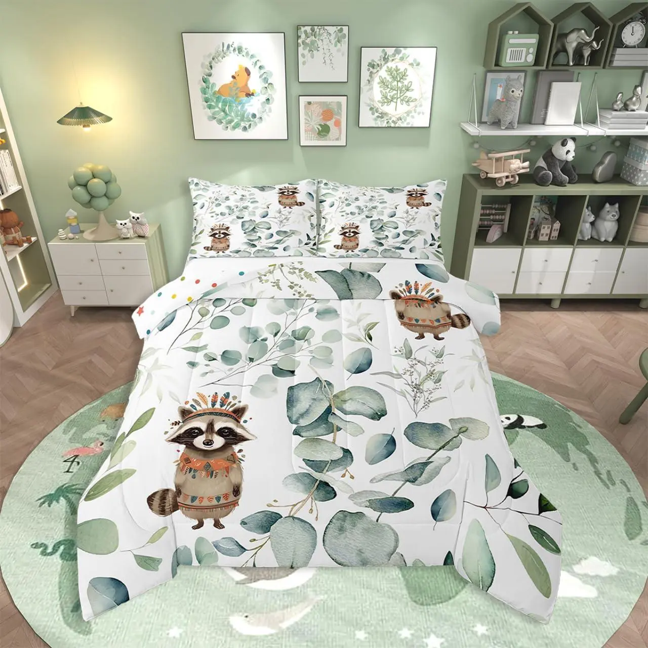 Cute Raccoon Comforter Set for Kids Child Green Eucalyptus Bedding Set,Woodland Animal Down Comforter Botanical Plant Leaves Bed Set,Cartoon Wildlife Quilted Duvet