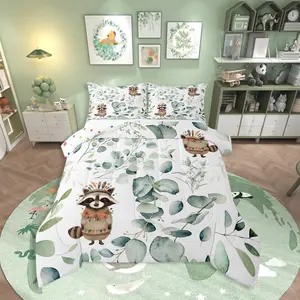 Cute Raccoon Comforter Set for Kids Child Green Eucalyptus Bedding Set,Woodland Animal Down Comforter Botanical Plant Leaves Bed Set,Cartoon Wildlife Quilted Duvet