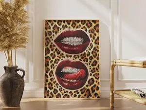 Leopard Diamond Grillz Lips Art Poster, Wild Glamour Wall Art, Edgy Fashion Decor Print, Luxury Pop Art for Bedroom, Beauty Room & Salon