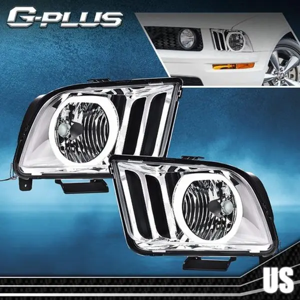G-PLUS LED DRL Halo Headlamp Assembly - New Uninstalled Upgraded Kit for 2005-2009 Ford Mustang, Clear/Chrome Housing, Headlight Replacement, Halo Look, Lighting Assemblies & Components