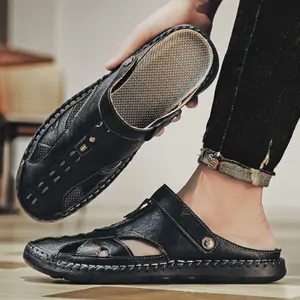 Mens Sandals Leather Closed Toe Outdoor Summer Anti-Slip Beach Sandals