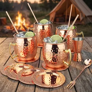 15-Piece Moscow Mule Cocktail Bar Set, Rose Gold Copper Plated Stainless Steel Kit with 4 Mugs Straws Coasters Jigger Stirrer, Shatter-Resistant for Camping Campfire Outdoor Party