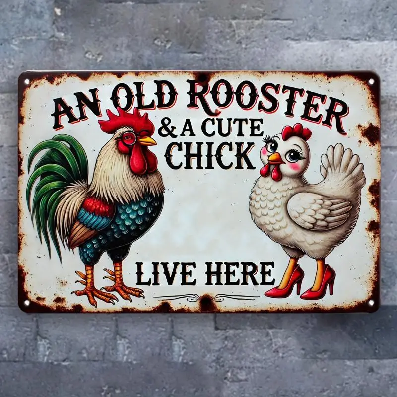 Vintage Chicken-Rooster Metal Sign, 8x12 in Wall Art Plaque, Living Room Decor, Garage Home Bar Office Accent, Ideal Gift for Home Enthusiasts