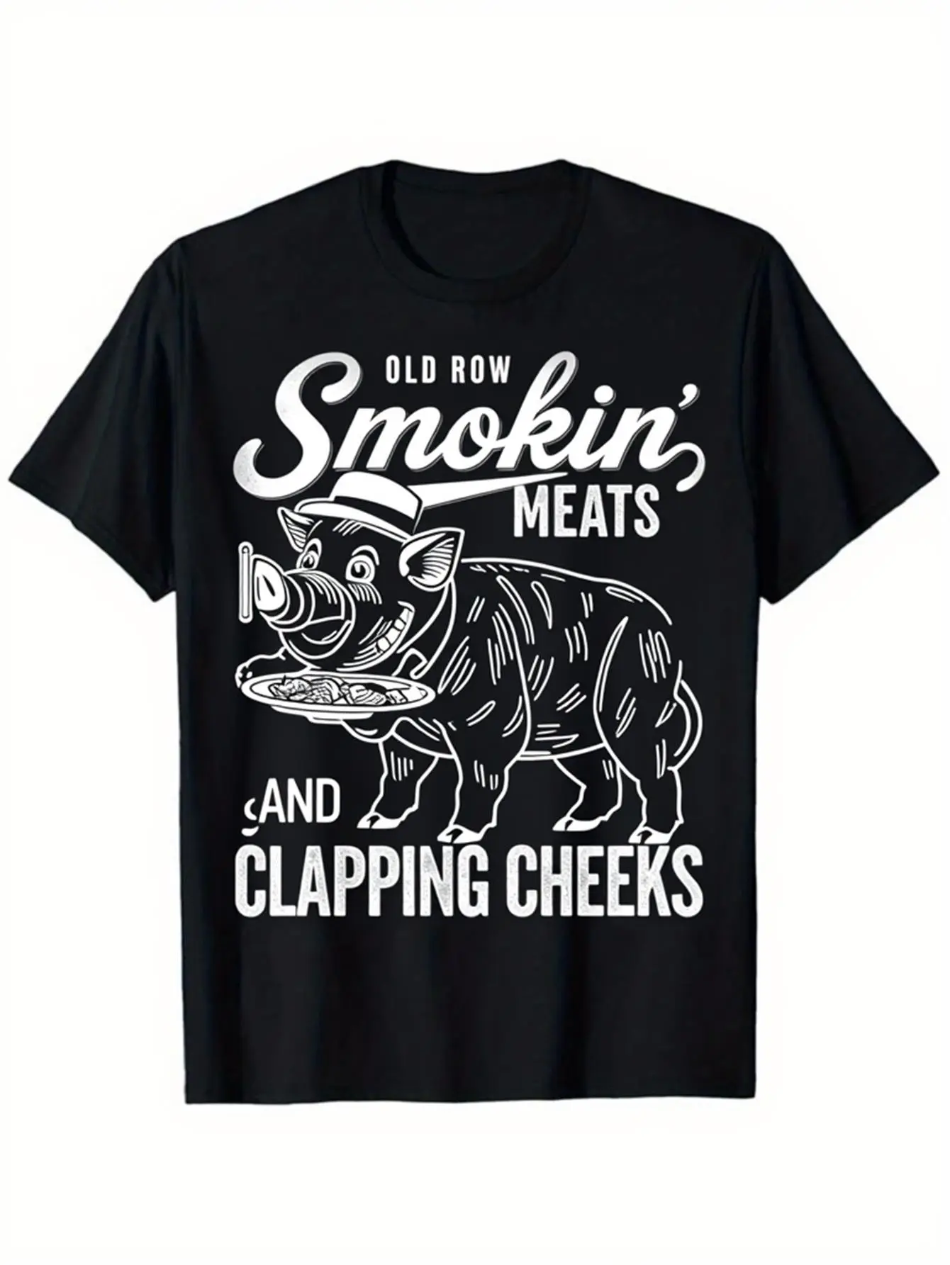 Men's Fun Barbecue Master Pattern T-shirt-Lao Luo Smoked Meat & Clap Face Design-Heavy Meat Cooking Humorous T-shirt-Black Round Neck Casual Shirt, Suitable..., all-day comfort, vintage vibe, unisex fit, travel outfit