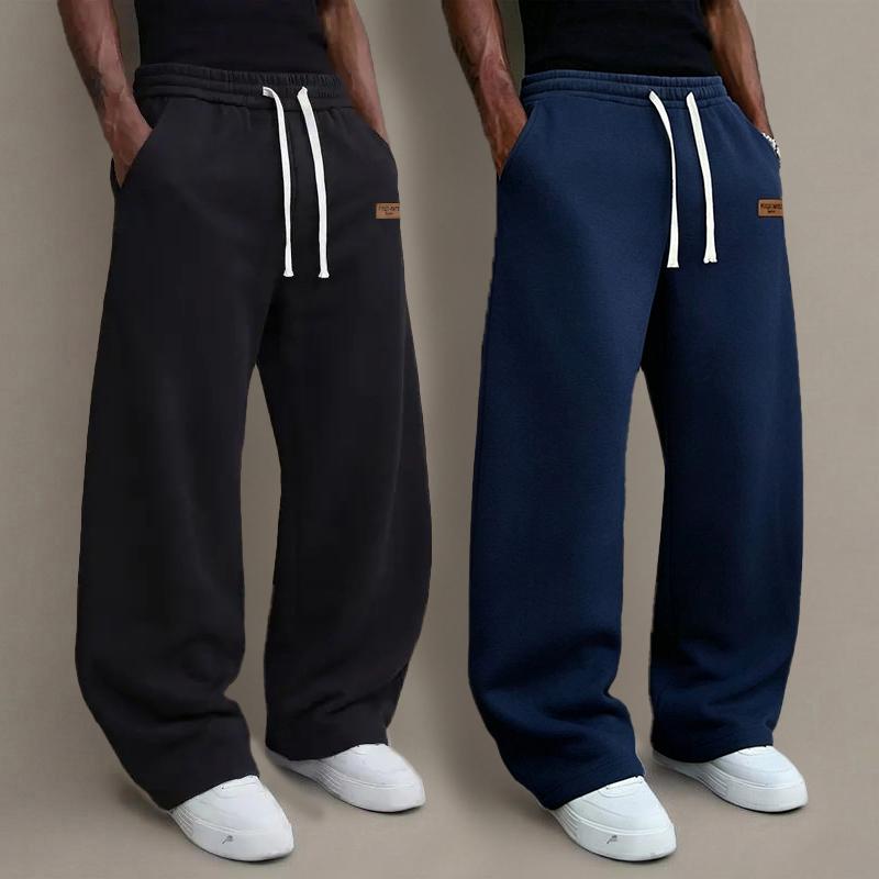 Men's 2-Piece Autumn-Winter Plain Activewear Sportswear Set - Unisex Preppy Wide-Leg Drawstring Pocket Pants, Classic Black + Light Gray Casual Holiday Hip-Hop Sweats, Stylish Personalized Bottoms,clothes for back to school,first day of school outfits