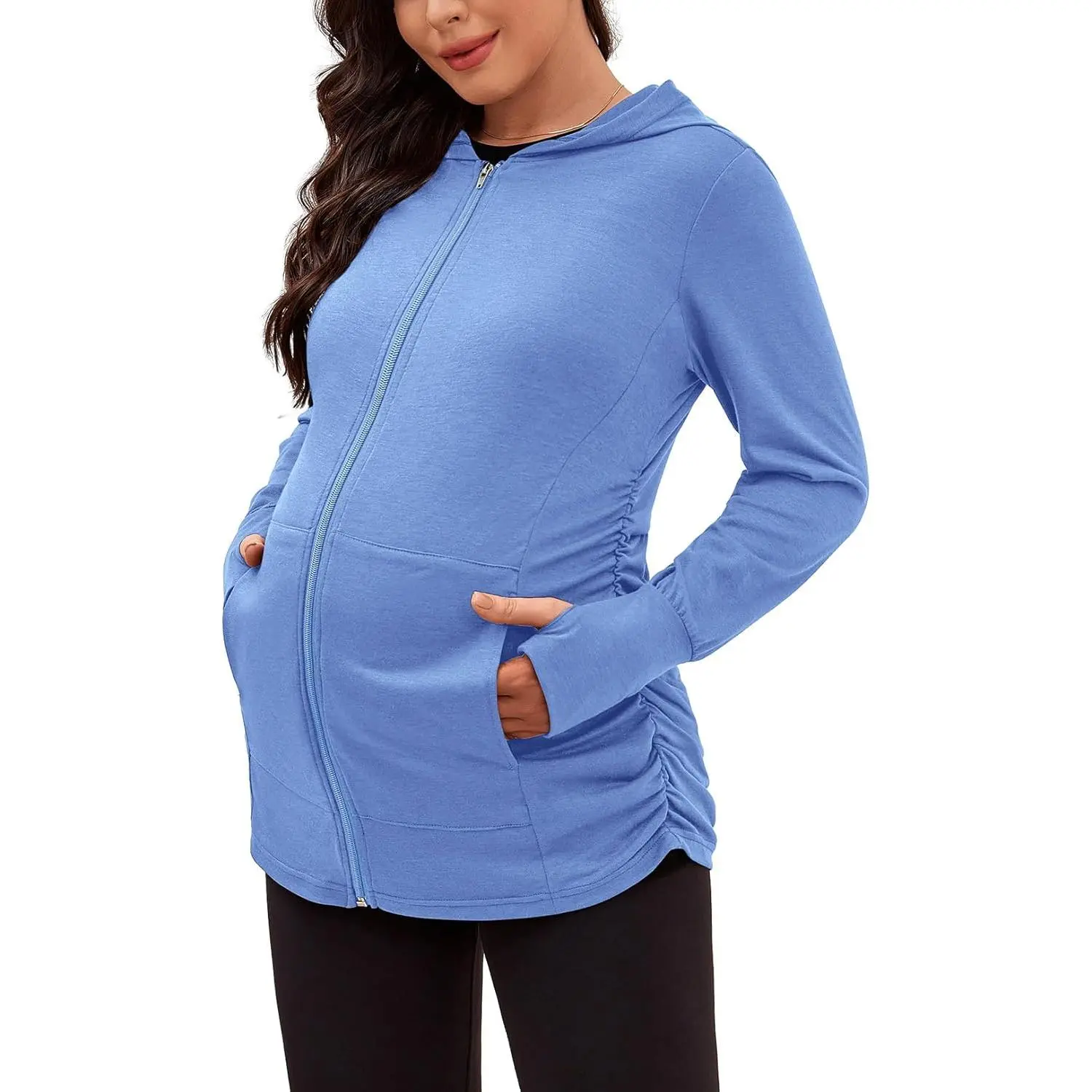 Maternity Sweatshirts Long Sleeve Full Zip Hoodie Casual Pregnancy Women Jacket Top with Pockets,Thumb Hole,Side Ruch