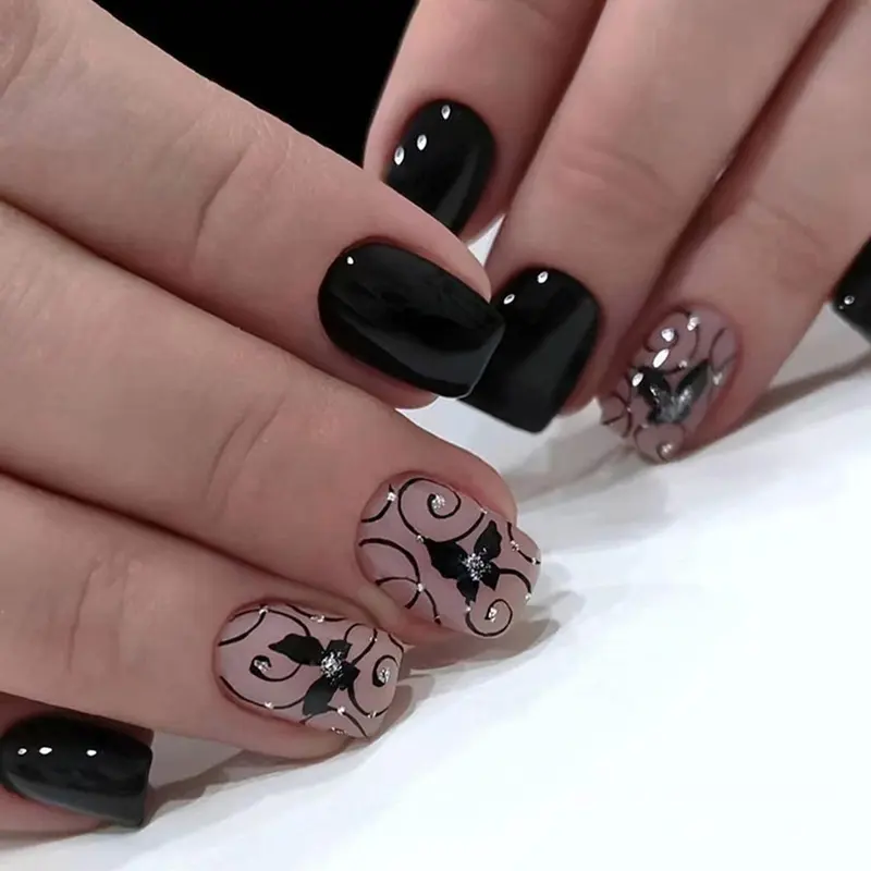 24pcs Short Square Fashion Dark Butterfly & Vine Pattern Fake Nails Set With Nail Decoration, Mini File & Nail Tab, Removable Full Cover Seamless False Nails For Festival & Party Wearing