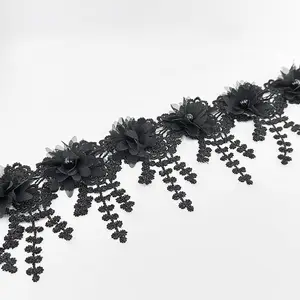 White Flower Pearl Beads Edge Trim Ribbon Floral Embroidered Lace Fabric for Sewing Wedding Bridal Dress Clothes Costume Hat Decoration Black 2 Yard