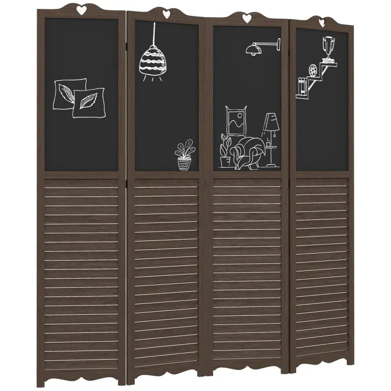 4-Panel Foldable Room Divider with Blackboard & Blind Patterns, 5.5 Ft Tall Freestanding Privacy Panels for Bedroom & Home Office, Walnut Brown High-Quality Premium Material, 63.75" w x 0.75" d x 67" h