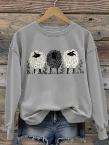 Women's Casual Fitted Sweatshirt, Three Sheep Print, Fall & Winter Long Sleeve Round Neck Pullover, Fashion Daily Wear Top