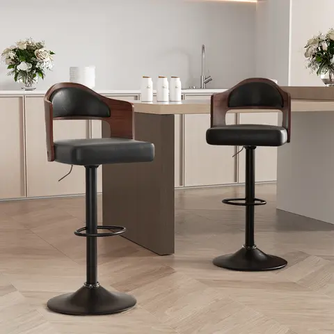 Swivel Bar Stools Set of 2 Seat Adjustable Height 24.5-33.5IN, Wooden Barstools PU Leather Upholstered Bar Chairs with Back & Footrest for Bar Kitchen Dining Room