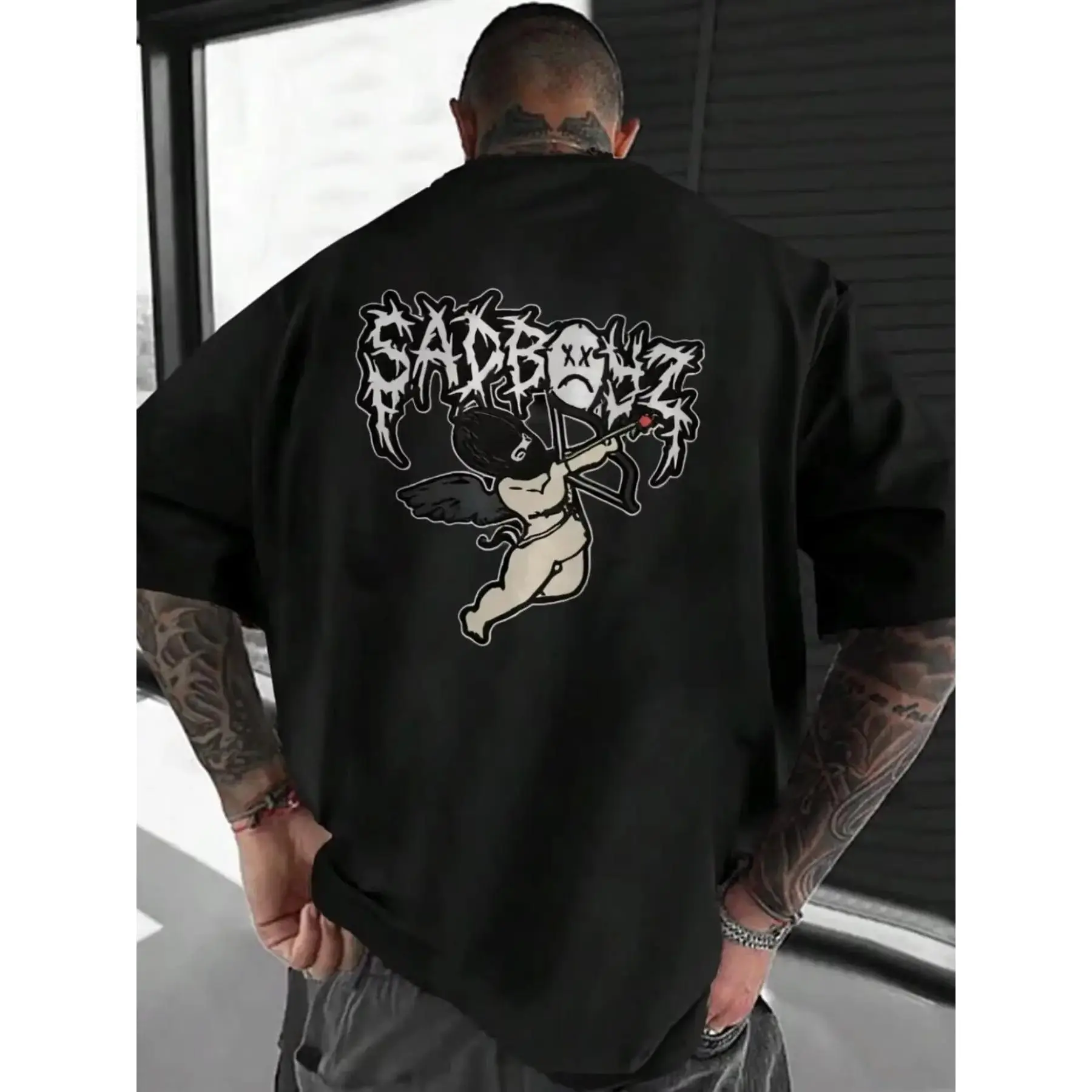 Oversized Sadboyz Cupid Graphic T-Shirt, Unisex Vintage Short-Sleeve Top in Soft Breathable Cotton for Summer Biker & Streetwear Outfits, Clothes, Sporty Chic, Relaxed Fit, Drop Shoulder, S, Mens Clothing, All Over Print, Round Neck, Fitted, Beach Cover-U